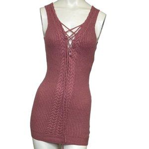 Meek Sleeveless Lace Up Mini Sweater Dress Mauve Pink Size Medium NWT